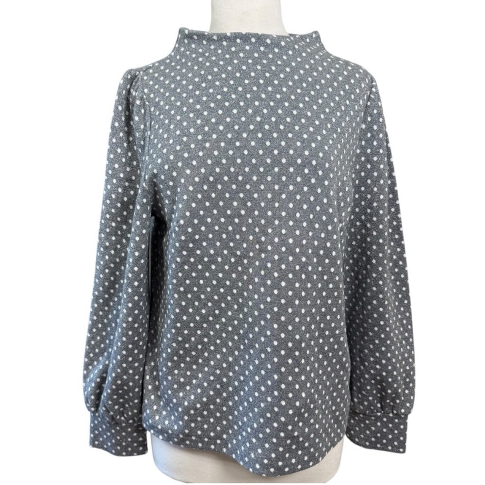 Gray Polka Dot Blouse Talbots silver puff sleeve business casual top